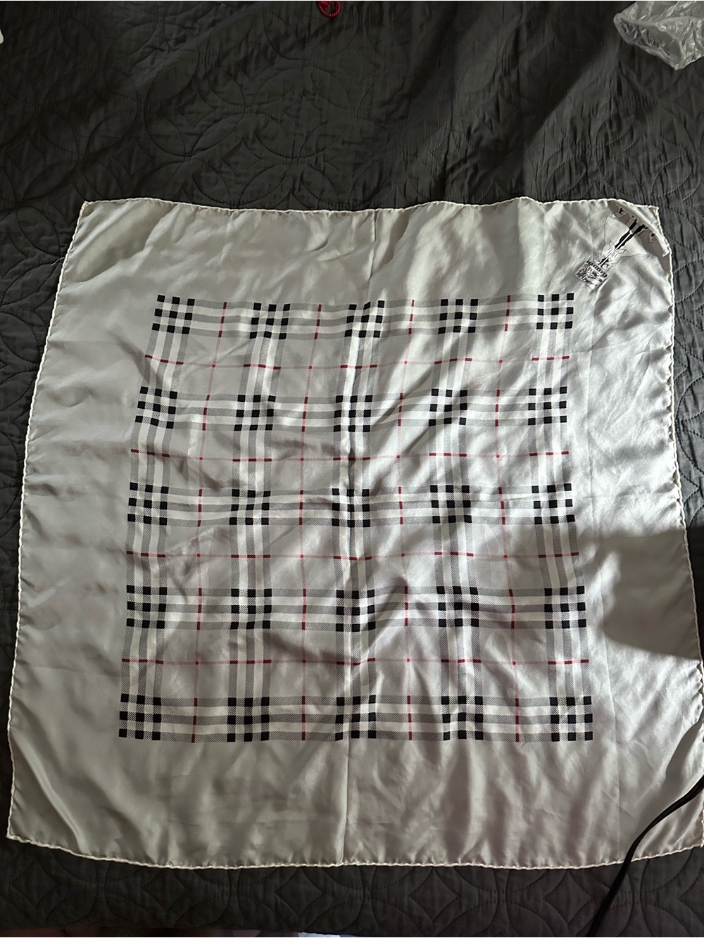 Burberry Silver/Grey Silk Scarf with Black and Red Plaid
